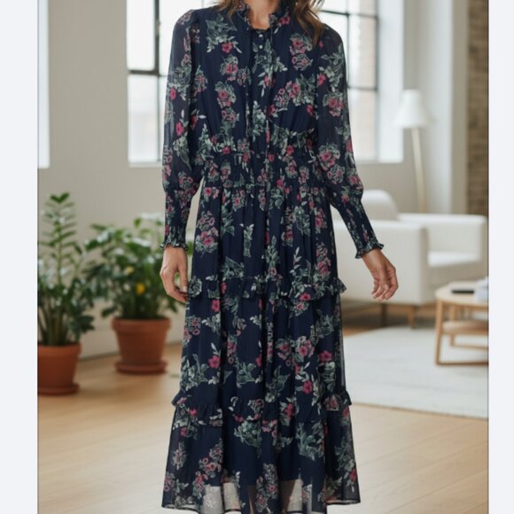 Udel Maxi Dress Blue Floral Modest Smocked Waist Women's Medium Chiffon Tiered - Picture 1 of 7